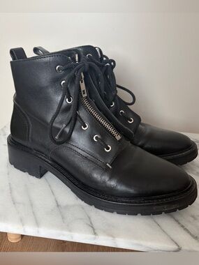 Rag & Bone Black Leather Lace-Up Ankle Boots with Center Zipper